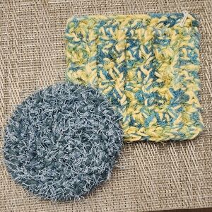 Hand Crafted Yellow and Blue Crochet  Kitchen Scrubby Set